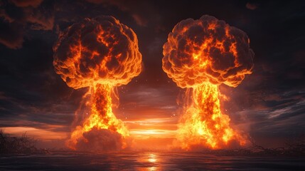 A dramatic scene showcasing two massive volcanic eruptions with fiery explosions and dark clouds. set against a desolate landscape. evoking a sense of awe and power