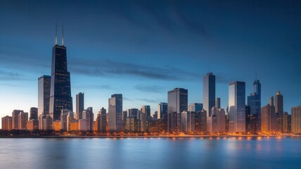 Obraz premium Chicago's Dazzling Skyline Reflects Serenity at Twilight on Lake Michigan
