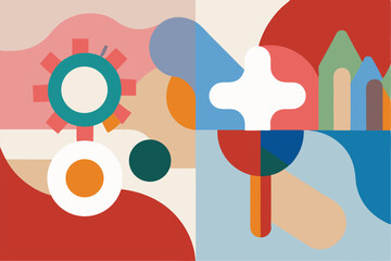 Abstract geometric composition with colorful shapes for diverse design applications