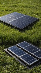 Two portable solar panels lie on grass, angled toward sunlight for efficient energy capture. Smaller panel partially unfolded in foreground, while larger one extends fully in background.