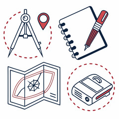 Outline academic icons: geometry tools, notebook, pen, map, projector, paperclip