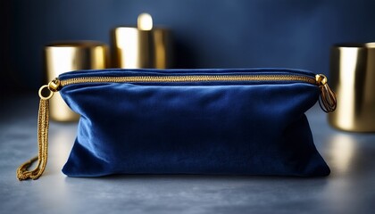 elegant navy blue velvet pouch with a gold zipper for stylish storage and organization