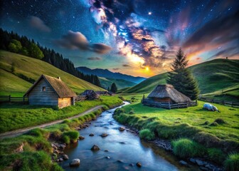 Fototapeta premium Romanian Sheepfold Long Exposure Photography, Moldavia Hills, Rural Landscape, Night Photography, Starry Sky, Dramatic Sky, Long Exposure Photography, Sheepfold at Night