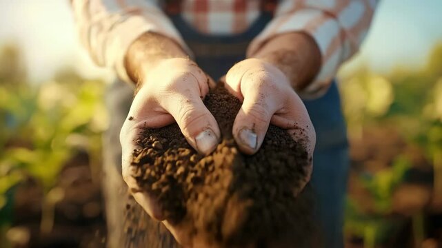 A farmer's hands gently hold and examine a clump of rich, dark soil in a sunlit field, likely as part of regenerative agriculture practices.