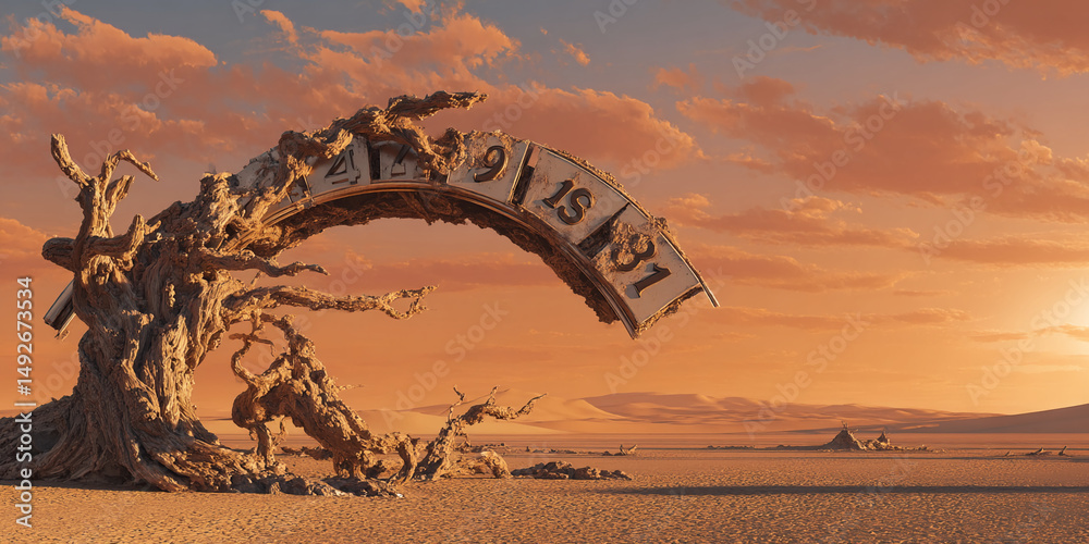 Poster desert landscape with a weathered tree forming an arch, displaying numbers suggesting time or a coun