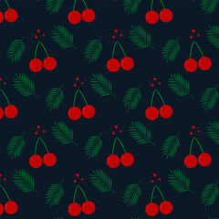 Summer print pattern with cherries and leaves on dark background