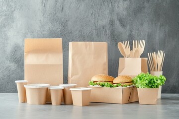 A delicious burger with fresh lettuce and sesame seed bun. accompanied by golden fries and a takeout bag. set against a textured gray background. ideal for food delivery promotions