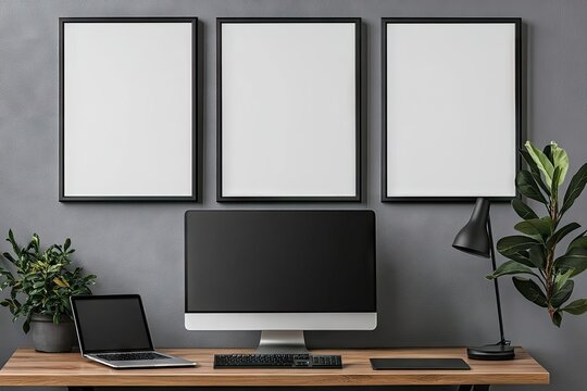 A modern interior showcasing a minimalist design with three empty frames on a wall. a bicycle leaning against it. and a vibrant plant adding a touch of nature - Powered by Adobe