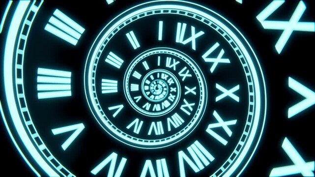 Seamless Loop Neon Spiral Clock Animation, Futuristic Time Concept Background