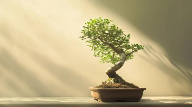Serene bonsai tree bathed in sunlight
