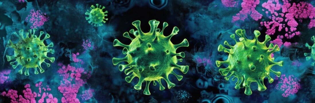 A vibrant depiction of various virus particles floating in a dark blue background. illustrating the microscopic world of pathogens and their potential impact on health - Powered by Adobe