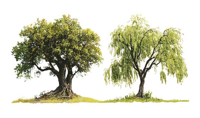 Swamp chestnut oak tree Quercus michauxii isolated cutout in sunny daylight, coastal plain willow Salix caroliniana, vector illustration, forest flora, native tree species.