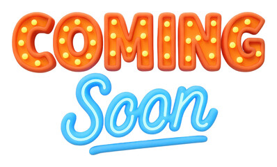 Coming Soon Announcement 3D Render Orange Blue Text Sign