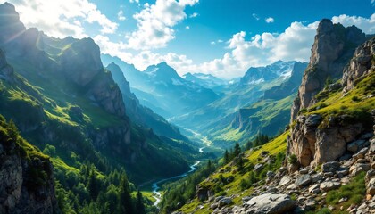 Fototapeta premium sunny mountain valley with rocky cliffs and winding river