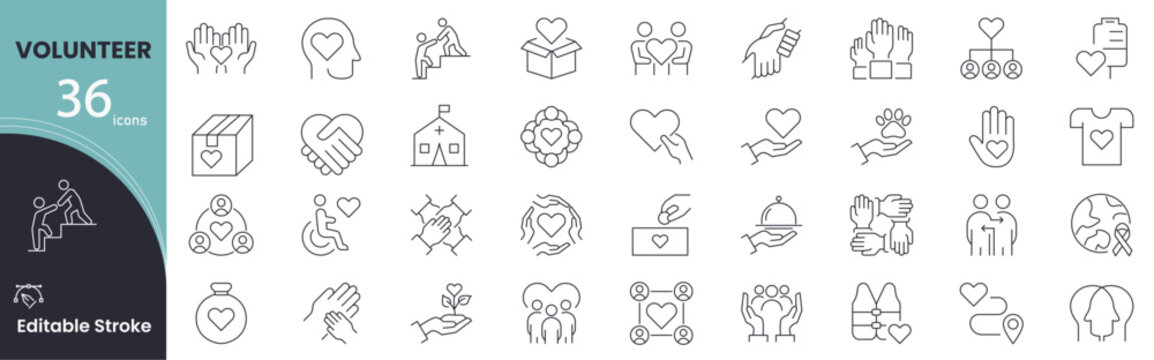 Volunteer icon set. Community service and helping related line icons. teamwork, support, charity, hands, people, donation, aid, care, contribution, social work and more. Editable stroke. 