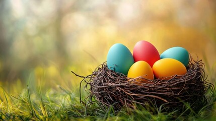 Fototapeta premium Colorful eggs in a nest, springtime