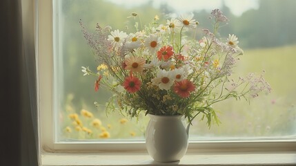 Summer wildflowers in rustic vase near window with soft sunlight for warm cozy scene capturing natural beauty vibrant colors peaceful inviting indoor nature calming concept.