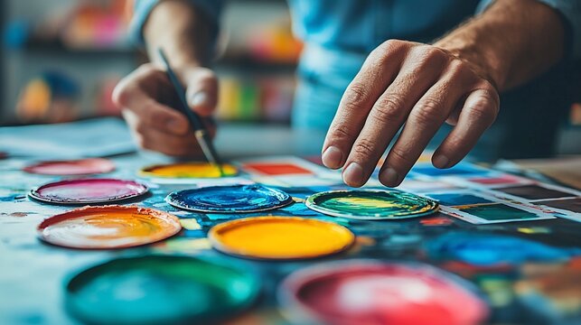 Artist meticulously mixing vibrant paints on a palette - Powered by Adobe