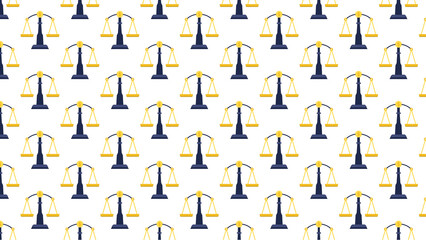 Repeating pattern of scales of justice in blue and gold on a white background for legal themes or designs