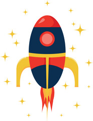 The rocket is red, white and yellow in the starry sky