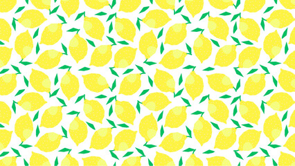 Repeating pattern of yellow lemons with green leaves on a white background in a simple style design