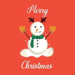 A snowman on a red background at Christmas with mittens on his hands and a scarf around his neck