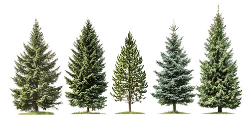 Vector illustration of evergreen spruce and fir trees, Picea Abies and Pungens Colorado blue, medium small isolated tree, Pinaceae needled, woodland landscape, garden design elements.