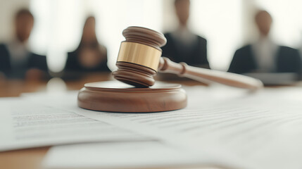 Justice in Focus: Gavel rests on legal documents, representing law, order, and court proceedings. Attorneys blurred in the background suggest counsel.