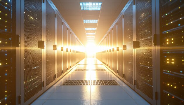 Bright sunlight streaming through server room aisle highlighting data center technology
