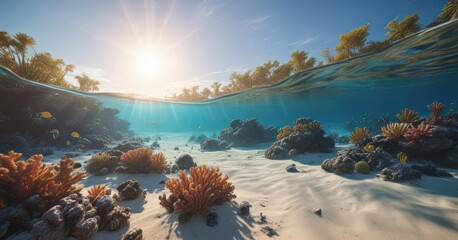 Sunbeams illuminate vibrant coral reef, sandy seabed, azure sea ,  beach,  sand,  ocean