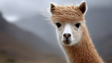 Alpaca with windswept fur standing against blurred andes mountain landscape, showcasing rugged pastoral beauty of south american highlands
