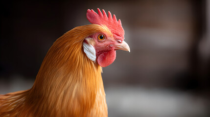 Orange rooster standing close up, vibrant red comb and wattle highlighting detailed plumage, piercing eye focused against soft blurred background