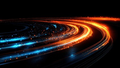 Abstract swirling, concentric circles of orange-red and blue-cyan light trails on black background