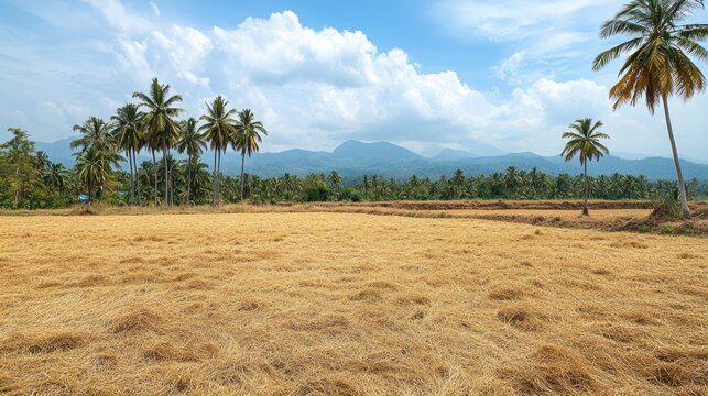 Serene Golden Rice Paddy Field under a Tropical Sky
