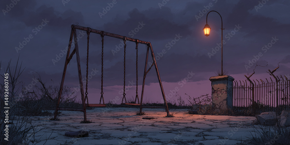 Poster rusty swing set in deserted playground at dusk, illuminated by single lamppost, conveying loneliness