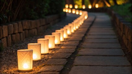 A winding garden path is illuminated by a row of warm, glowing luminaries in paper bags or lanterns, creating a magical and inviting atmosphere at dusk or evening