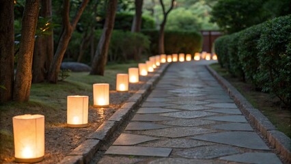 A series of lit paper lanterns lines a stone pathway, casting a soft, warm light and creating a serene ambiance in a garden setting