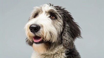 Headshot of a shaggy purebred or mixed breed dog with prominent black and white markings and a characteristic long beard covering its face