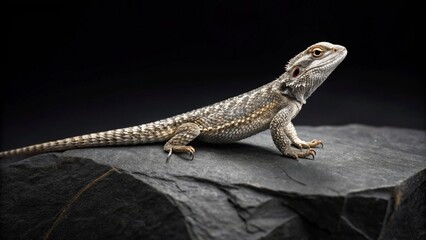 Fototapeta premium A bearded dragon lizard stands alertly on a dark grey textured rock against a solid black background