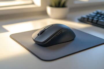 Close-Up of a Modern Wireless Mouse on a Desk with a Soft Mouse Pad and Bright Natural Light Enhancing a Minimalistic Workspace Atmosphere