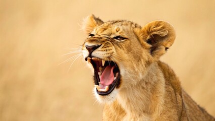 Obraz premium A tiny lion cub with its mouth wide open in a fierce roar or big yawn. The close-up captures the vulnerability and potential power of young wildlife against a blurred