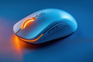 Close-Up of a Modern Wireless Computer Mouse with Blue and Orange Backlight on a Stylish Desk Background for Technology and Gaming Concepts