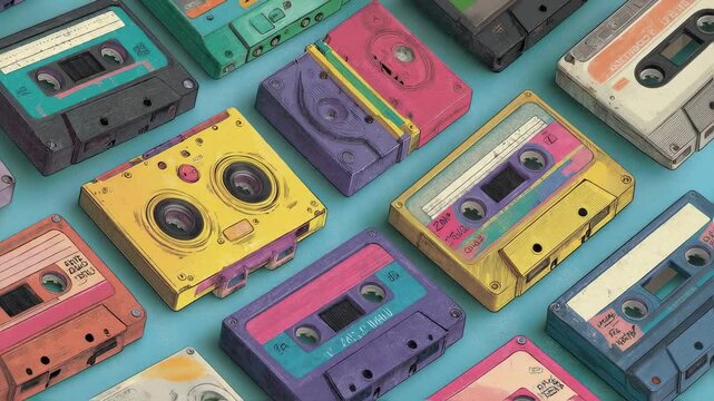 Rhythmic stop motion sequence of colorful audio cassettes creating nostalgic retro pattern against vibrant turquoise background, reflecting eighties music culture
