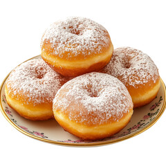 Tasty Powdered Sugar Donuts Round Sweet Dessert Bakery Pastry Treat Food Plate PNG Transparent Background

