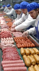 Meat Processing Line Workers Inspecting Raw Products in Factory Setting Close Up View