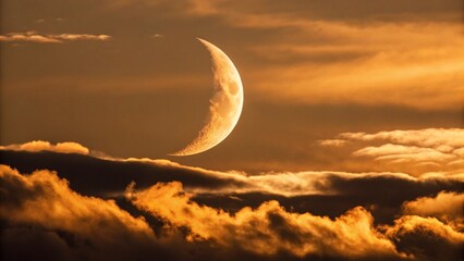 The glowing sliver of a new moon is partially hidden by textured clouds in a vibrant, golden-hour sky. This image captures a moment of natural beauty and mystery during the transition between day and 
