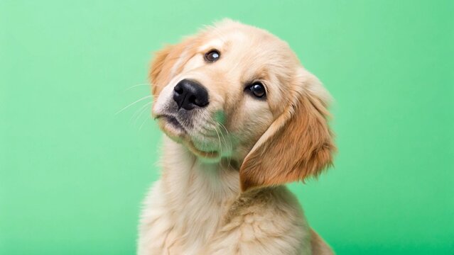 Close-up studio portrait of an adorable Golden Retriever or Labrador Retriever puppy looking upwards with a curious and innocent expression. Its soft fur and gentle eyes are highlighted against