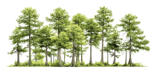 Swamp cypress frontal isolated trees, baldcypress Taxodium distichum cutout, bald cypress wetland species, vector illustration, riparian vegetation, deciduous conifer, environmental greenery.