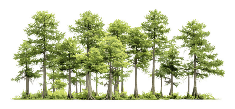 Swamp cypress frontal isolated trees, baldcypress Taxodium distichum cutout, bald cypress wetland species, vector illustration, riparian vegetation, deciduous conifer, environmental greenery.