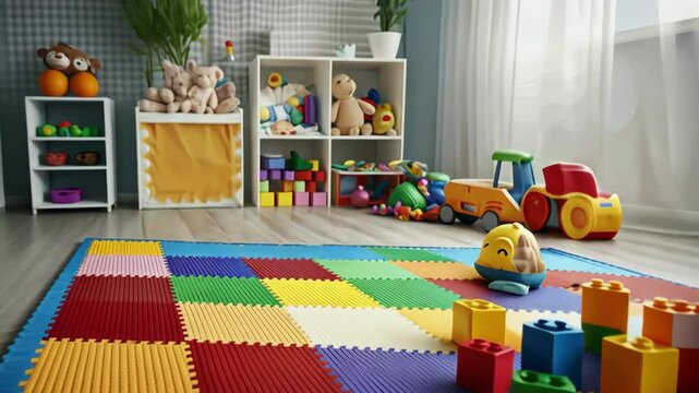 children's playroom interior with toys and plush puppy on colorful playmat near window, daytime